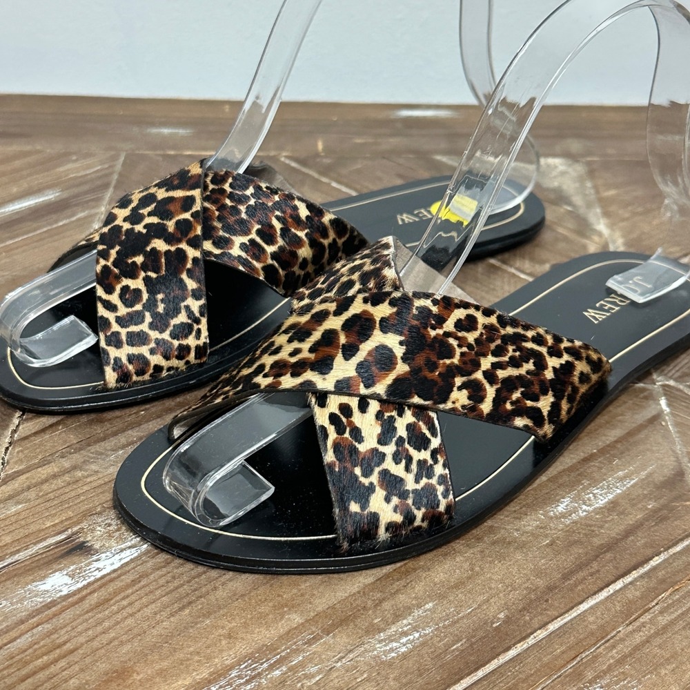 J. Crew Leopard Calf Hair Crisscross Slide Sandals Womens 7 Brown Leather B6690